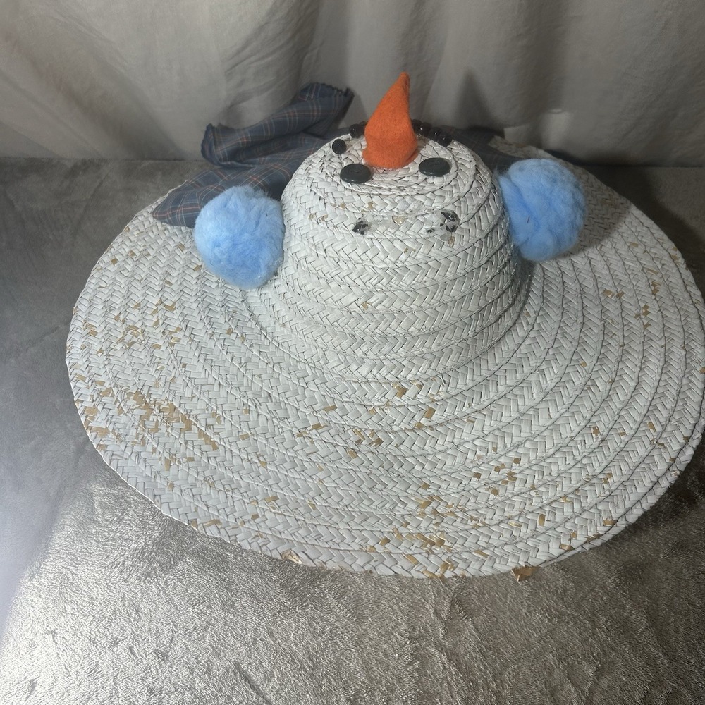 Vintage Snowman Straw Hat Christmas Holiday Novelty Wide Brim Handmade - Picture 6 of 9